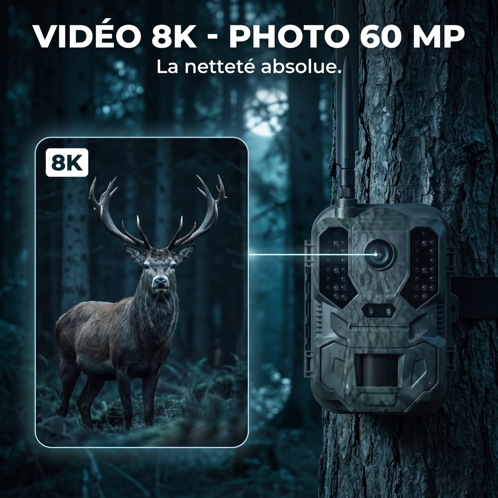 Caméra de chasse 8K Solaire WiFi — vidéo 8K photo 60 MP — Woodcam