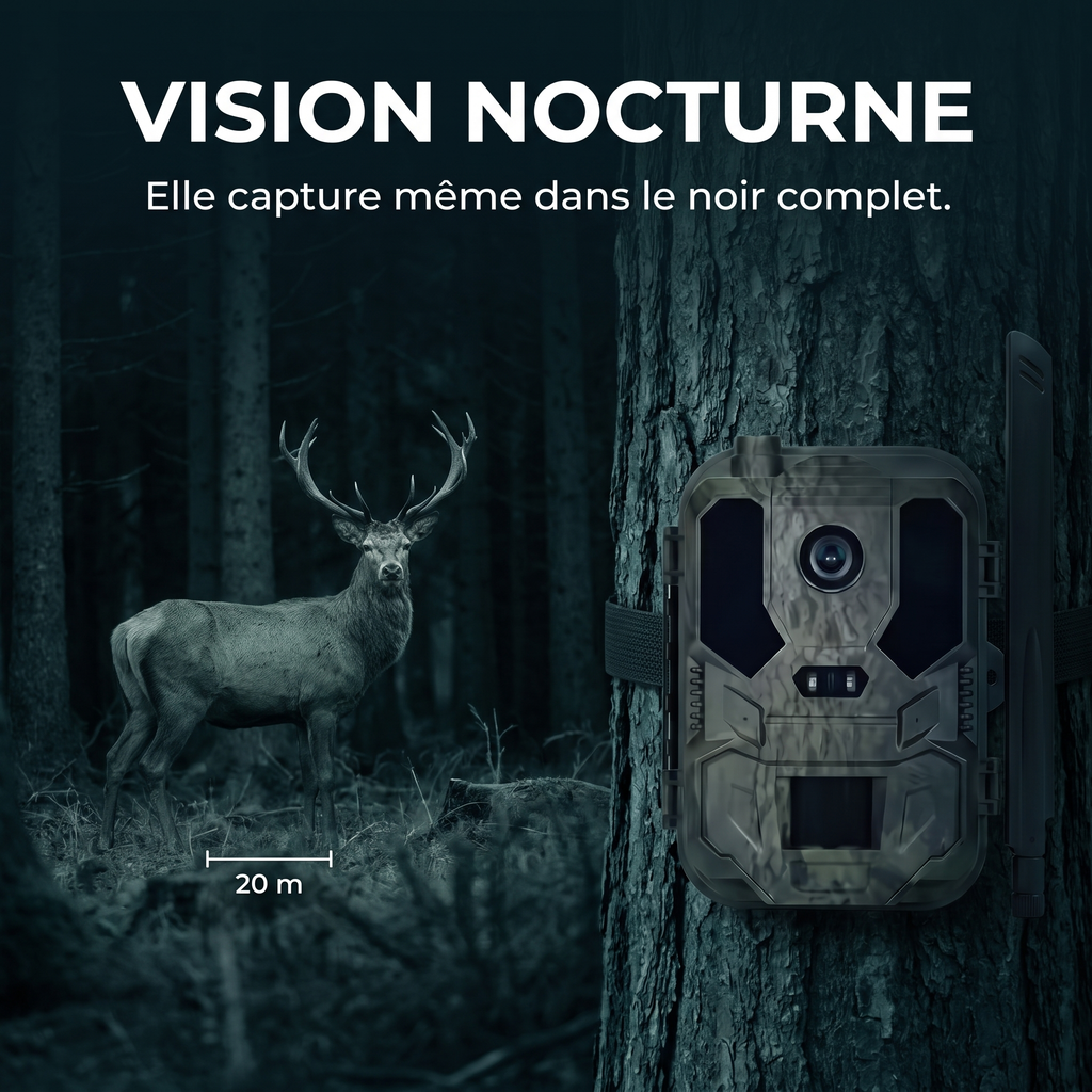 Caméra de chasse 8K Solaire WiFi — vision nocturne 20 m — Woodcam